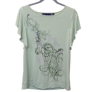 Susan Graver Light Green Floral Ruffled Short Sleeve Top